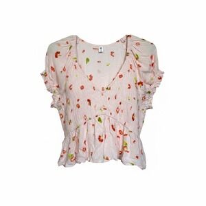 BP Womens Pink Floral Smocked Peplum Top V Neck‎ Short Sleeve M